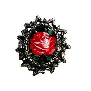 Vintage Hand Painted Red Rose Gothic Brooch